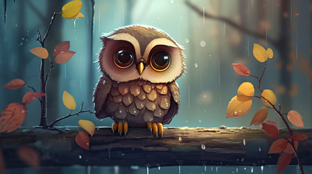 Cute owl sitting on a branch in the rain. Illustrationの素材