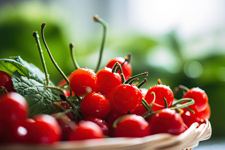 Red cherry in a wicker basket on a background of green leavesの素材