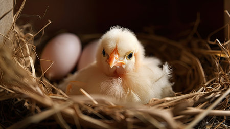 Cute little chicken in nest with eggs on wooden background, closeupの素材