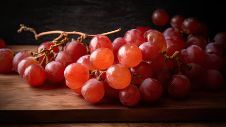 bunch of red grapes on a wooden table, close-upの素材