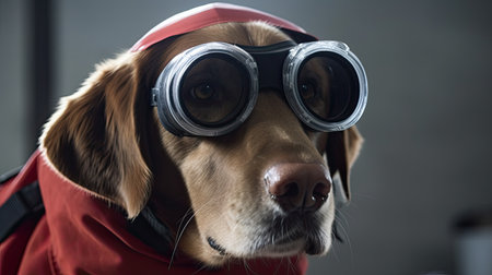 Portrait of a labrador retriever dog wearing a mask and gogglesの素材