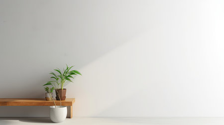 Interior of modern living room with white walls, white wooden shelf and plant in vase. 3d renderの素材