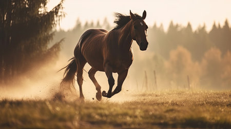 Brown horse running gallop in the meadow at sunrise. Side viewの素材