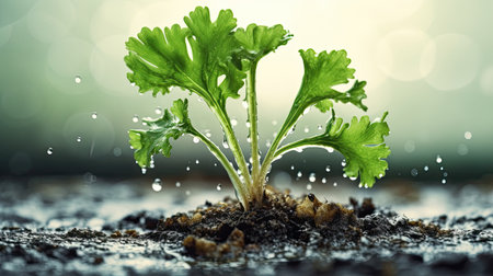 Coriander seedling growing in soil with water drops on green backgroundの素材