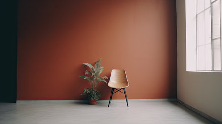 Interior of empty room with orange walls, concrete floor and brown chair. 3d renderingの素材