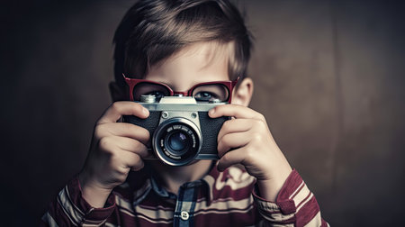 Cute little boy with vintage camera. Photo in old image style.の素材