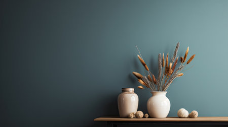 Ears of wheat in vase on wooden shelf against blue wallの素材