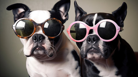 two french bulldog wearing sunglasses and heart shaped eyeglasses, studio shotの素材
