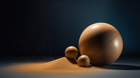 3d rendering of a set of wooden balls in the sand.の素材