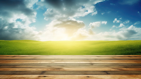 Wooden floor with green field and blue sky with clouds background.の素材
