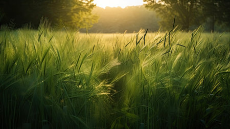 Green wheat field with sunbeams at sunset. Nature background.の素材