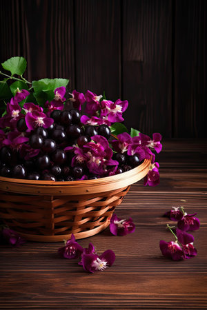 Black currant in a wicker basket with orchids on a wooden backgroundの素材