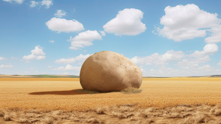 3d render of big stone in wheat field under blue sky with cloudsの素材
