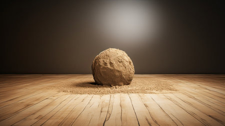 3d rendering of a clay ball on a wooden floor against a dark backgroundの素材