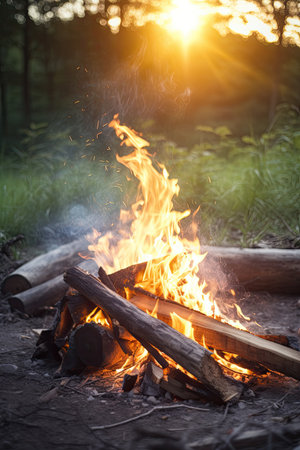 Bonfire in the forest at sunset. Camping in nature.の素材