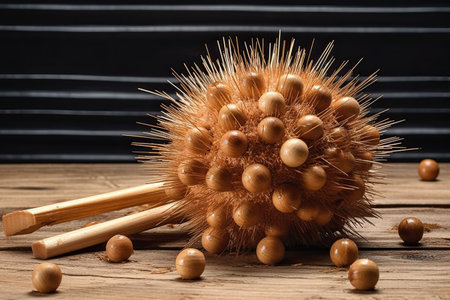Massage brush and wooden sticks on a wooden table. Shallow depth of field.の素材