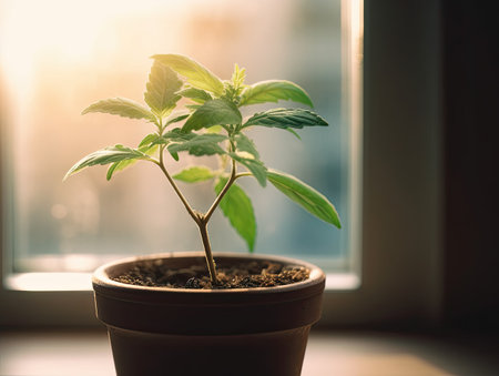 Young pepper seedling growing in a pot on the windowsill.の素材