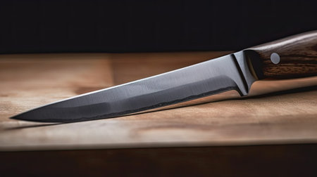 Knife on a cutting board. Dark background. Close-up.の素材