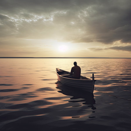Man in boat on the lake at sunset. Conceptual image.の素材