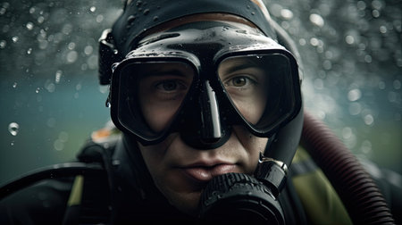 Portrait of a male scuba diver with mask and goggles.の素材