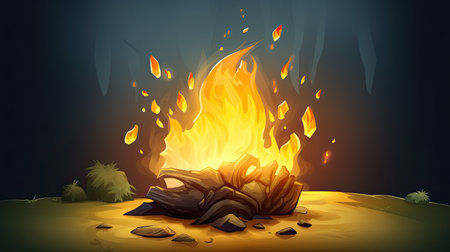 Vector illustration of a burning bonfire in the desert. Fire in the desert.の素材
