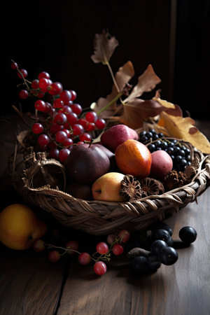 Autumn still life with berries in a basket on a wooden backgroundの素材