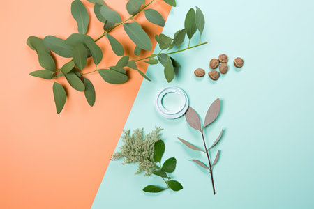 Flat lay composition with eucalyptus branches, leaves and jar of cream on color backgroundの素材