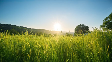 Sunset over a meadow with green grass and trees in the backgroundの素材