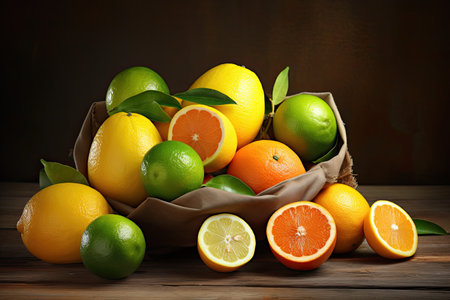Citrus fruits on a wooden background. Lemons, limes and grapefruits.の素材