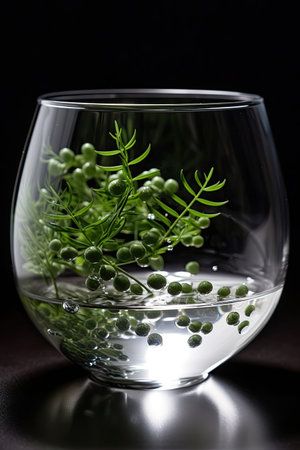 Glass of water with green plants on black background. Selective focus.の素材