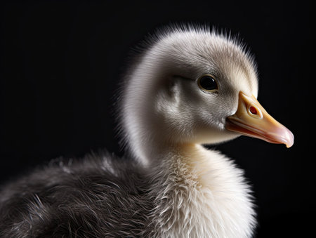 Close-up of cute duckling on black background, studio shotの素材