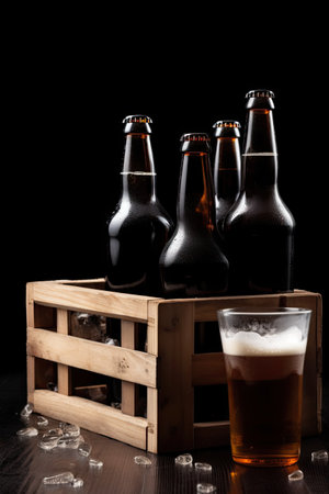 Beer bottles in a wooden crate on a black background with ice cubesの素材