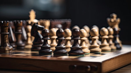 Wooden chess pieces on a chessboard. Selective focus.の素材