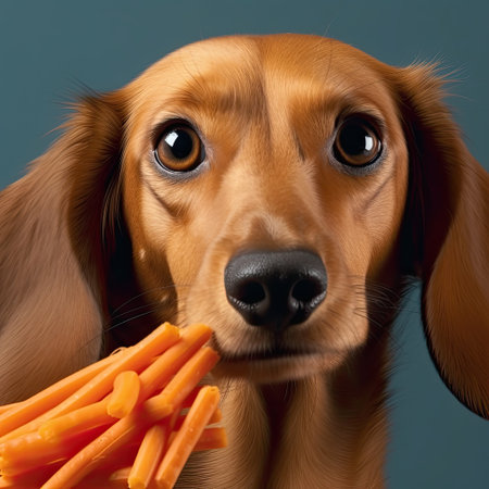 dachshund puppy with carrot in mouth, closeup portraitの素材