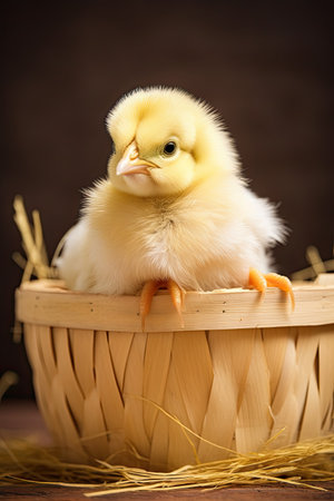 Cute little yellow chicken in a basket on a brown background.の素材