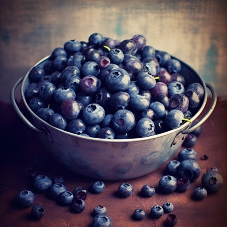 Blueberries in a metal bowl on a wooden background. Toned.の素材