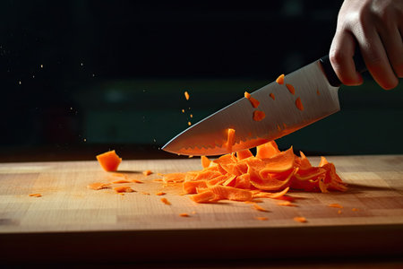 Woman's hand cutting fresh carrots on a wooden board with a knifeの素材