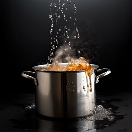 Saucepan with boiling water and splashes on black backgroundの素材