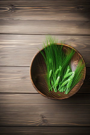 Bowl of wheat grass on wooden table. Top view with copy spaceの素材