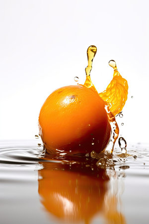 splashing orange juice isolated on white background. close up of fruitの素材