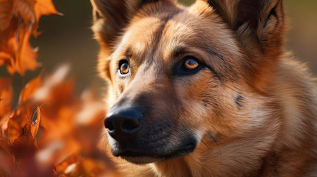 Close up portrait of a dog with autumn leaves in the background.の素材