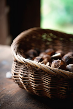 Basket of hazelnuts on a wooden table. Selective focus.の素材