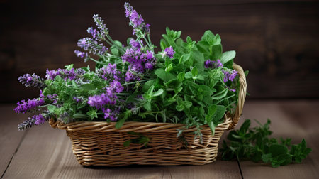 Fresh oregano in a wicker basket on a wooden backgroundの素材