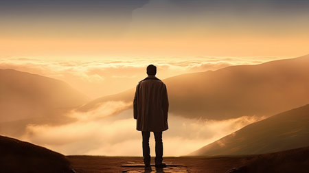 Silhouette of a man standing on top of a mountain and looking over the cloudsの素材