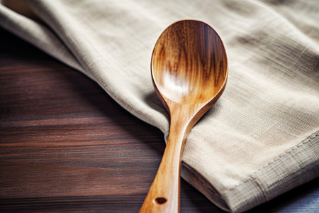 Wooden spoon on a linen napkin on a wooden background.の素材