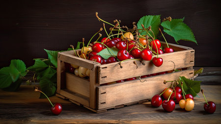 Ripe sweet cherries in a wooden box on a dark backgroundの素材
