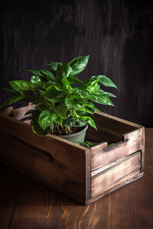 Beautiful houseplant in wooden box on dark wooden background. Home gardening concept.の素材
