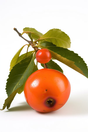 Red berry on a branch with green leaves on a white backgroundの素材