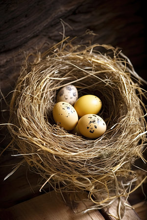 Easter eggs in a bird's nest on a wooden background.の素材