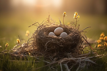 Easter eggs in a nest on a background of spring flowers.の素材